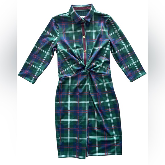 GRETCHEN SCOTT TWIST & SHOUT SCUBA DRESS NWT SIZE LARGE MIDDLETON PLAID GREEN - Picture 2 of 12
